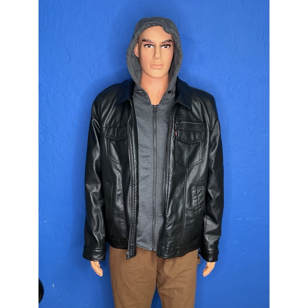 Levi's Men's Large Black Faux Leather Jacket Removable Hood Sherpa Lined